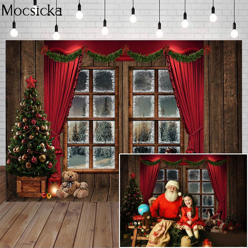 Изображение товара: Mocsicka Рождественский фон для фотосъемки с рождественской елкой красная занавеска с большим окном фон для детской портретной фотосъемки реквизит для фотостудии