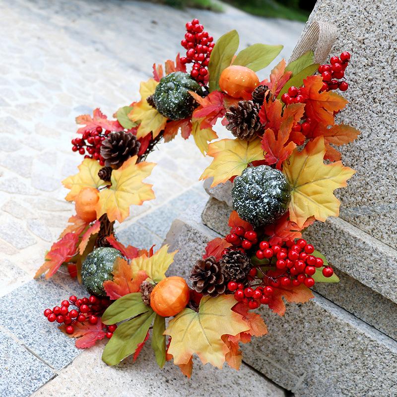 Изображение товара: Осенний тематический дверной венок, венок на Хэллоуин, украшение из тыквенной ягоды, Кленовая гирлянда, искусственный осенний венок, входная дверь, домашний декор