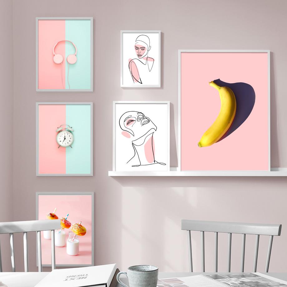 Изображение товара: Гарнитура часы банан линии девушка настенная Картина на холсте скандинавские постеры и принты абстрактные настенные картины для гостиной Декор