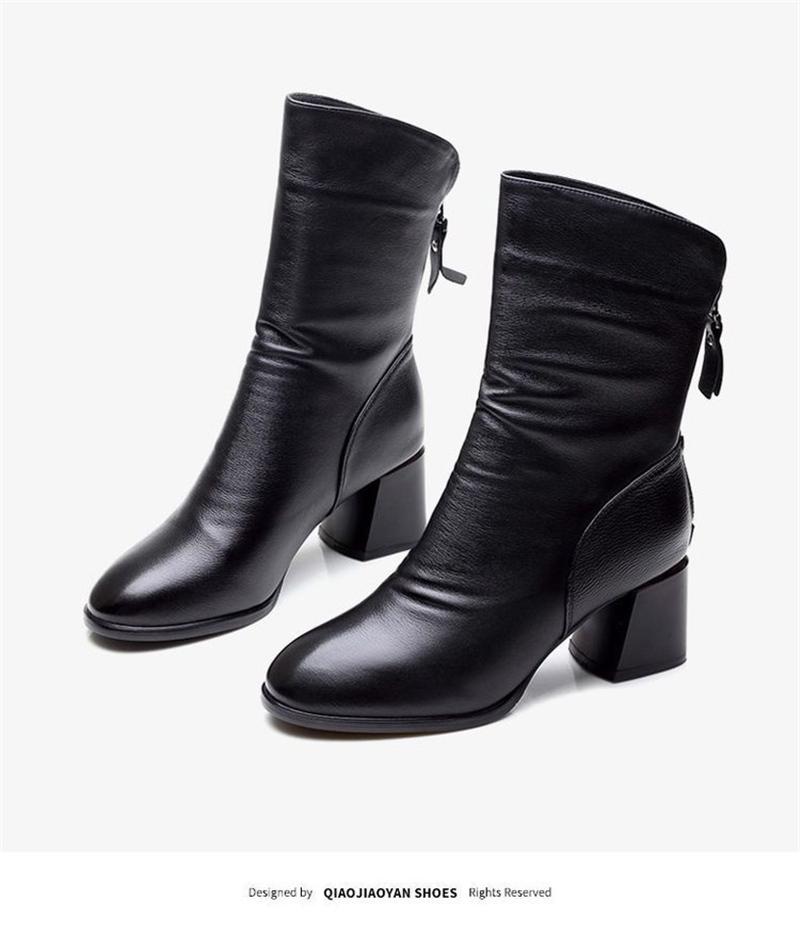 Изображение товара: Женские ботинки из искусственной кожи, Зимние ботильоны на высоком каблуке, на молнии, в стиле ретро, с квадратным носком, 2021