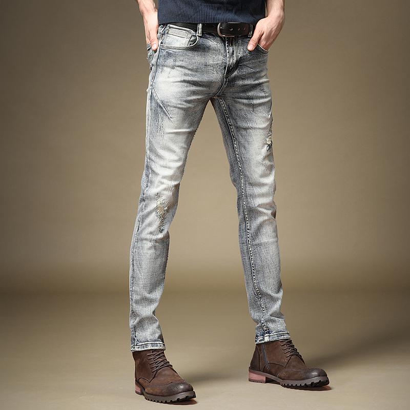 Изображение товара: Бесплатная доставка, новинка, мужские высококлассные джинсы, осень 2020, модные облегающие Красивые Старые классические рваные джинсовые брюки в стиле ретро