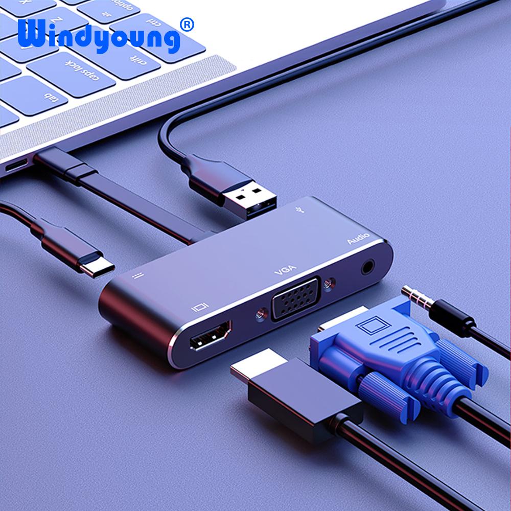 Изображение товара: Адаптер USB C VGA с портом Type-C и разъемом USB 3,0, кабель для зарядки PD 3,5 мм с разъемом AUX, совместимый с HDMI конвертер для Macbook Pro, Dell, Huawei P30