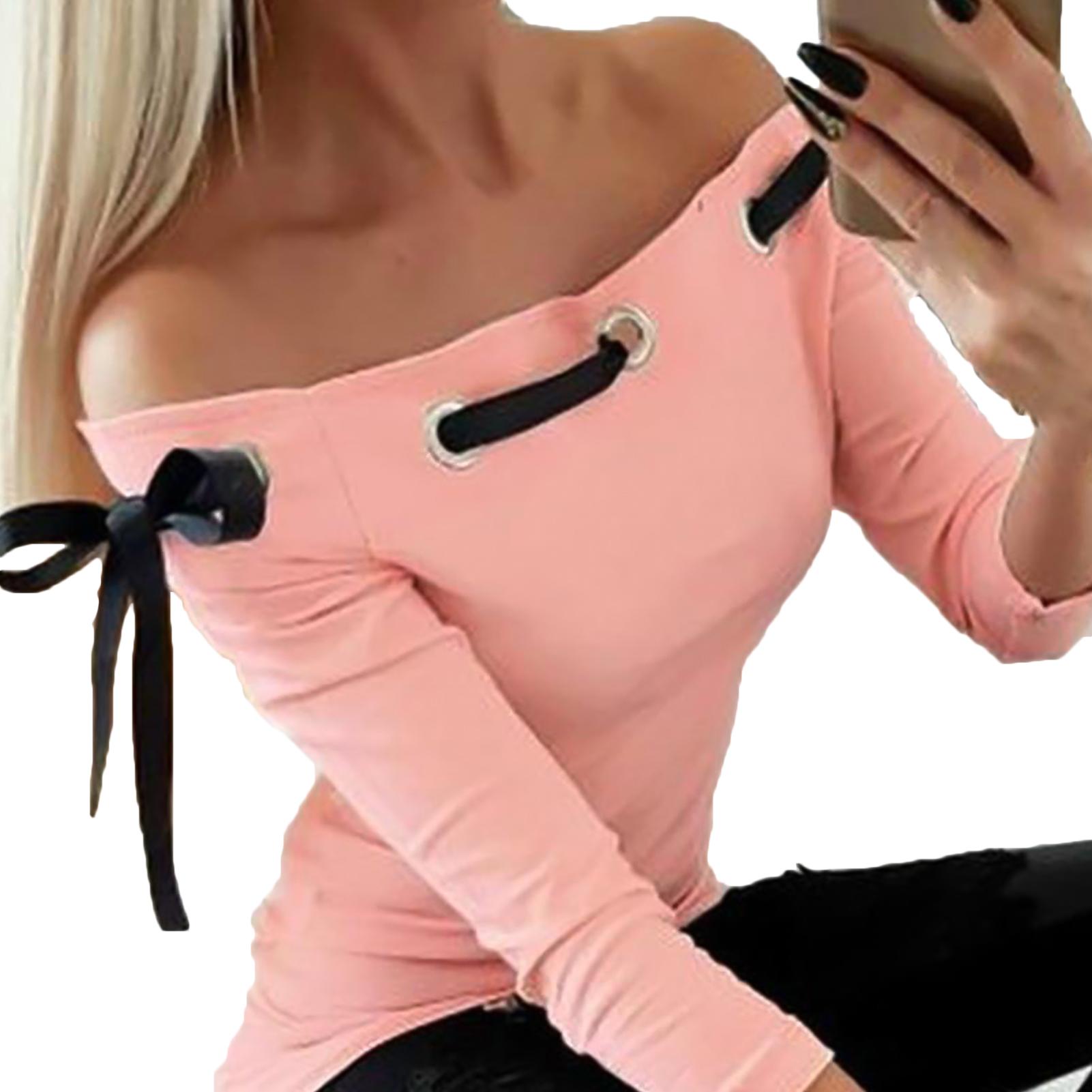 Изображение товара: Women Sexy Long Sleeve Off Shoulder Hollow Out Bowknot Bandage Slim-Fit T-shirt