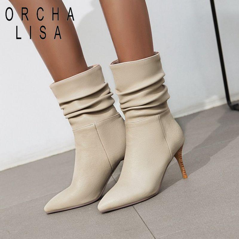 Изображение товара: ORCHA LISA/2020 плиссированные модные полусапожки на высоком каблуке; Женские зимние сапоги; Офисная Женская обувь на высоком каблуке 8 см; botas botte femme черные, бежевые