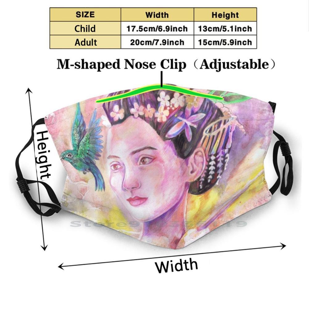 Изображение товара: Многоразовая маска для лица Geisha с симпатичными колиминовыми птицами, с фильтрами, детская Акварельная маска Geisha Humming Bird, акварельная, розовая