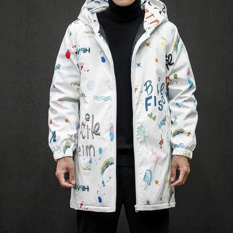 Изображение товара: Зимняя парка, Мужская Новая Теплая утепленная куртка с граффити, мужская верхняя одежда, длинное пальто с капюшоном, свободная ветровка с хлопковой подкладкой, большой M-5XL