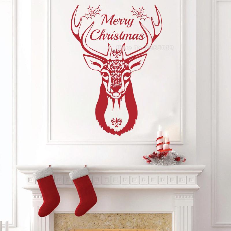 Изображение товара: Рождественские наклейки на стену в виде оленя, дизайн интерьера, Рождественская голова оленя, Серия животных, виниловые наклейки на стену, искусство, украшение для дома LL2207