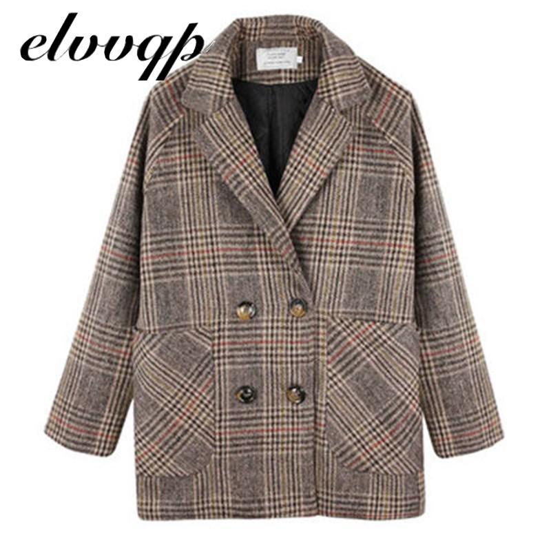 Изображение товара: Vintage Double Breasted Plaid Woolen Blazer 2020 New Long Sleeve Turn Down Collar Autumn Winter Women Coat Jacket Female