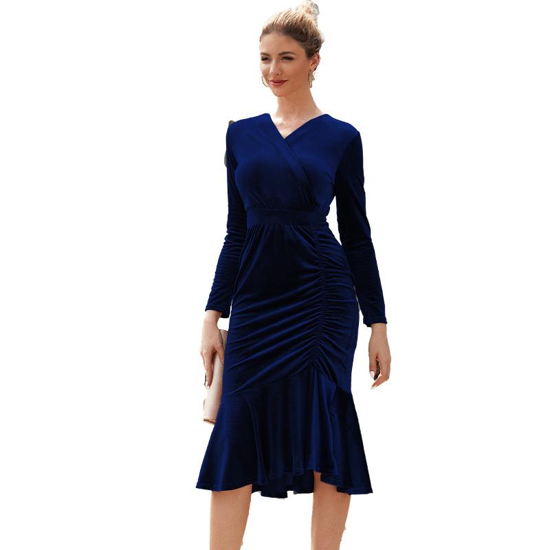 Изображение товара: Женское бархатное плиссированное платье, элегантное облегающее вечерние нее платье средней длины, с V-образным вырезом, для осени и зимы
