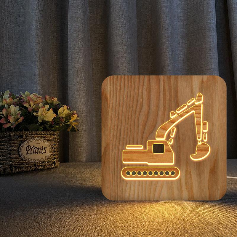 Изображение товара: Новый деревянный светодиодный 3d-светильник в форме экскаватора, ночной Светильник для резьбы по дереву, креативный подарок для детей, украшение для дома и спальни