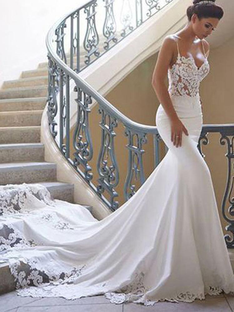 Изображение товара: A64 на тонких бретелях Атласное Бальное Платье Свадебное Платье 2021 с кружевной аппликацией, без рукавов свадебное платье свадебные платья Vestidos De Noiva