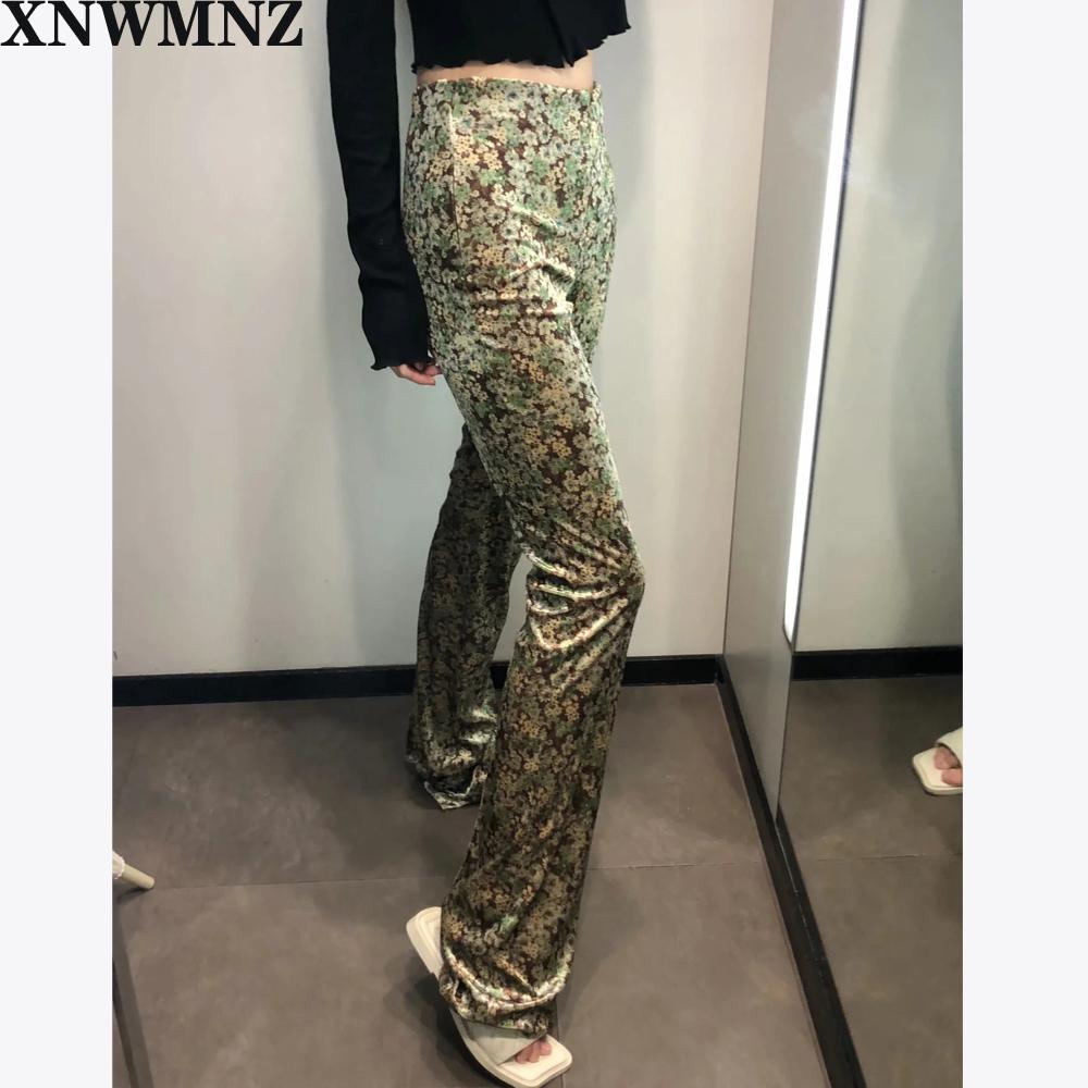 Изображение товара: XNWMNZ женские бархатные брюки с принтом с высокой талией брюки с расклешенными краями и невидимой боковой молнией женские шикарные