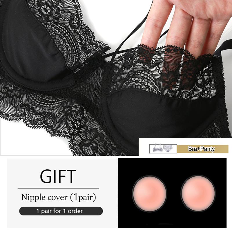 Изображение товара: Комплект женского кружевного нижнего белья, ультратонкий бюстгальтер пуш-ап с глубоким V-образным вырезом и Трусики с высокой талией, размера плюс