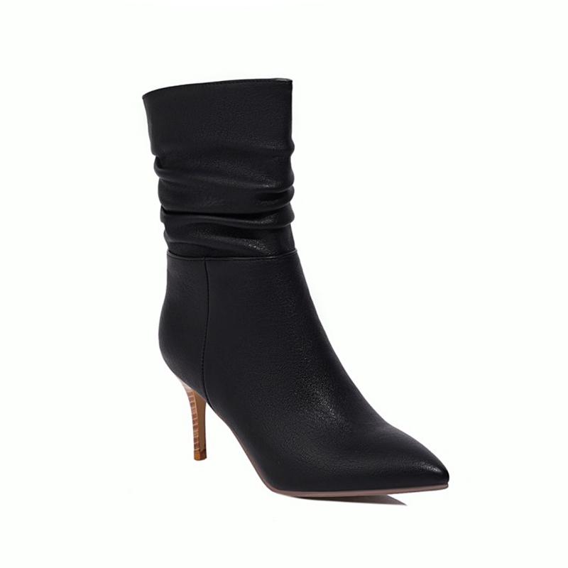 Изображение товара: ORCHA LISA/2020 плиссированные модные полусапожки на высоком каблуке; Женские зимние сапоги; Офисная Женская обувь на высоком каблуке 8 см; botas botte femme черные, бежевые