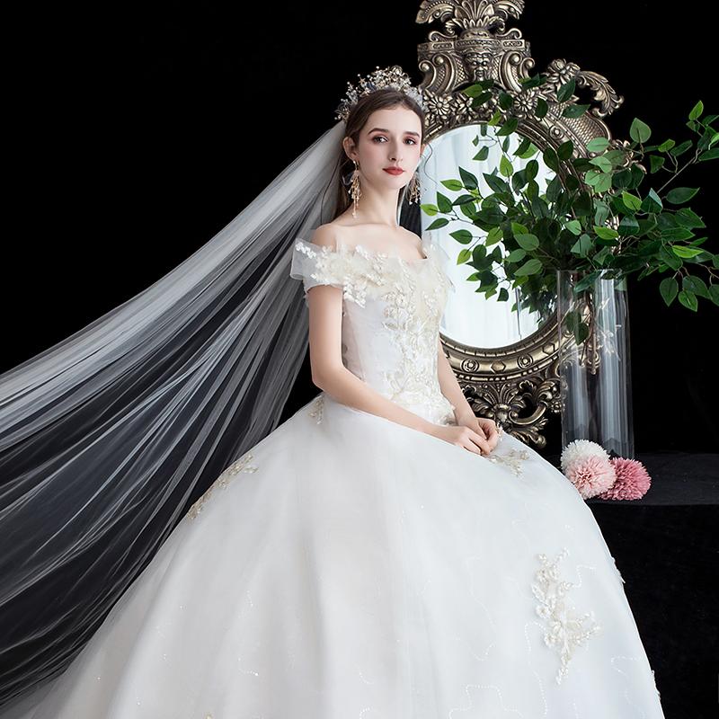 Изображение товара: Свадебное платье с вырезом лодочкой, роскошное бальное платье принцессы со шлейфом, классическое кружевное свадебное платье с вышивкой, Индивидуальный размер