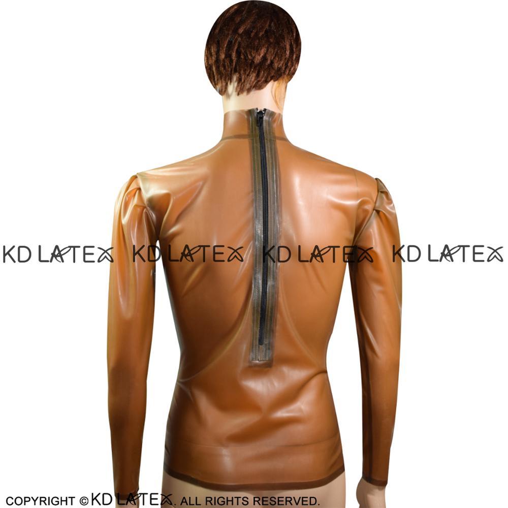 Изображение товара: Прозрачная коричневая Сексуальная латексная блузка на молнии сзади с пышными длинными рукавами и высоким воротником
