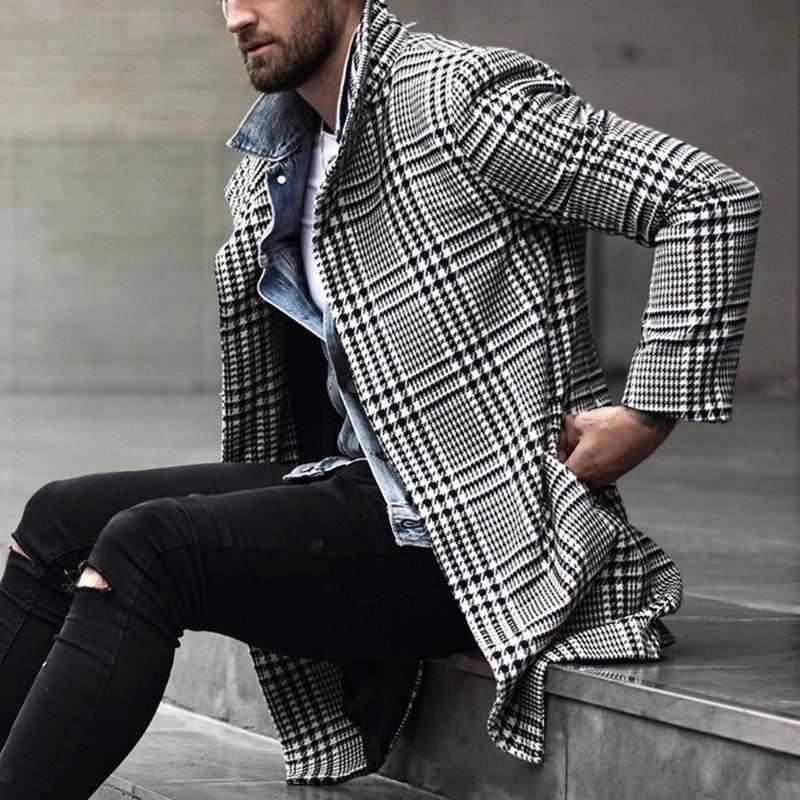 Изображение товара: Мужское шерстяное пальто, ветровка, дизайнерская клетчатая однобортная куртка с отворотом, Мужская Брендовая верхняя одежда с длинным рукавом, роскошное пальто средней длины