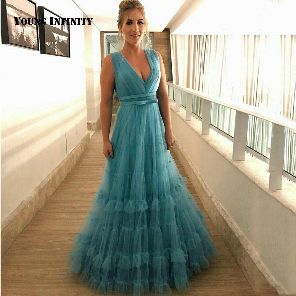 Изображение товара: Модное синее платье в пол для выпускного вечера для девушек, Тюлевое платье без рукавов с V-образным вырезом и открытой спиной, модель 2021 года, платье для выпускного вечера