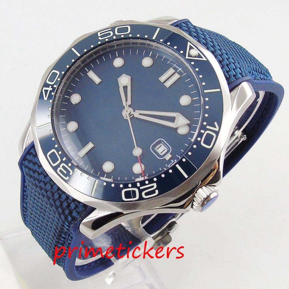 Изображение товара: Мужские наручные часы с синим циферблатом, высококачественные, с автоматической датой, стеклом и сапфировым стеклом, резиновый ремешок, 41 мм