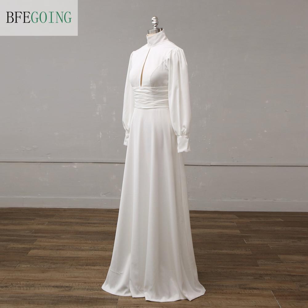 Изображение товара: Белое свадебное платье с длинным рукавом и высоким воротом, свадебное платье А-силуэта до пола, индивидуальный пошив