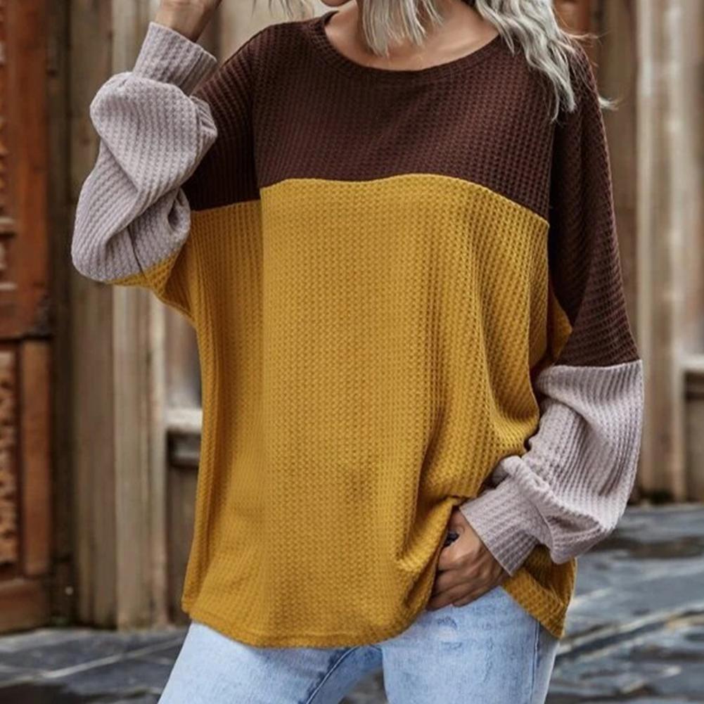 Изображение товара: Модный Свободный вязаный свитер, женская блузка с длинными рукавами-фонариками и круглым вырезом, вафельный вязаный пуловер контрастных цветов, женские пуловеры на осень