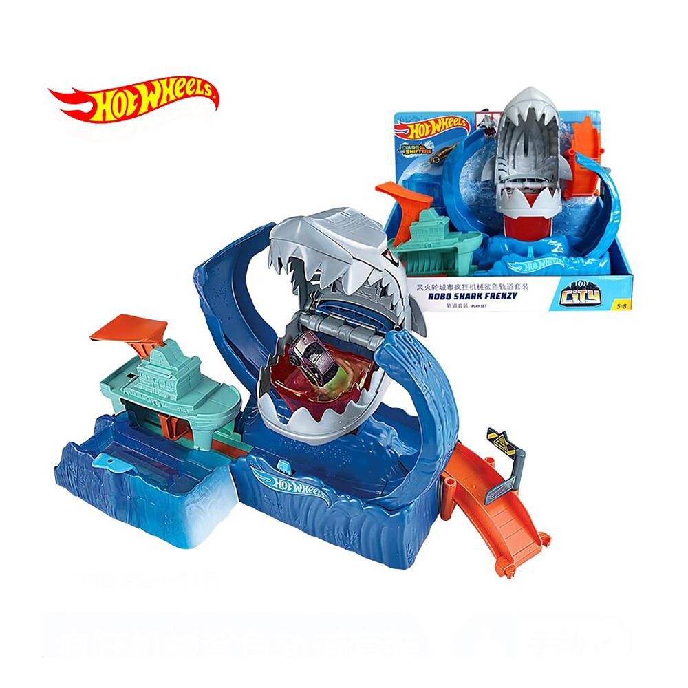 Изображение товара: Hot Wheels City Сумасшедший механический трек с акулой, игрушечный автомобиль для мальчиков, игрушечный автомобиль для мальчиков, меняющий цвет, игрушки для детей, литые под давлением GJL12