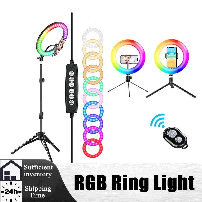 Изображение товара: Кольцевой светильник светодиодный, 10 дюймов, с регулируемой яркостью, со штативом, кольцевой светильник для селфи, RGB-светильник, кольцевой светильник с подставкой для TikTok, Youtube, прямая трансляция