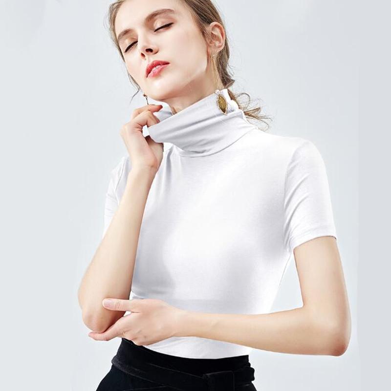Изображение товара: Модная женская тонкая водолазка из модала и хлопка, трикотажная рубашка с коротким рукавом, черная белая облегающая Базовая Блузка