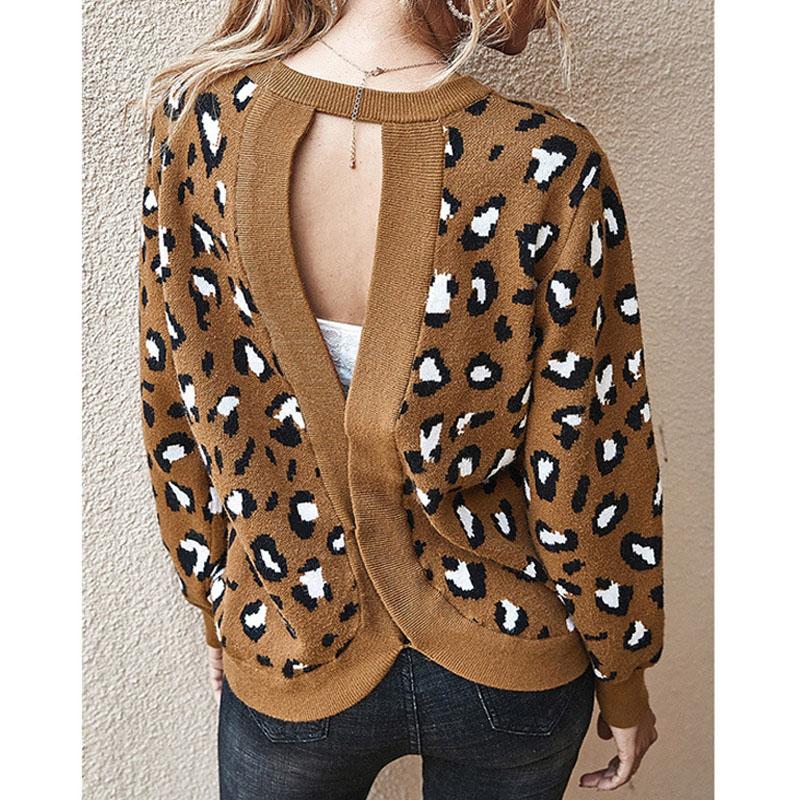 Изображение товара: Женский свитер с длинным рукавом и открытой спиной, с леопардовым принтом и круглым вырезом, Осенний пуловер MX0003