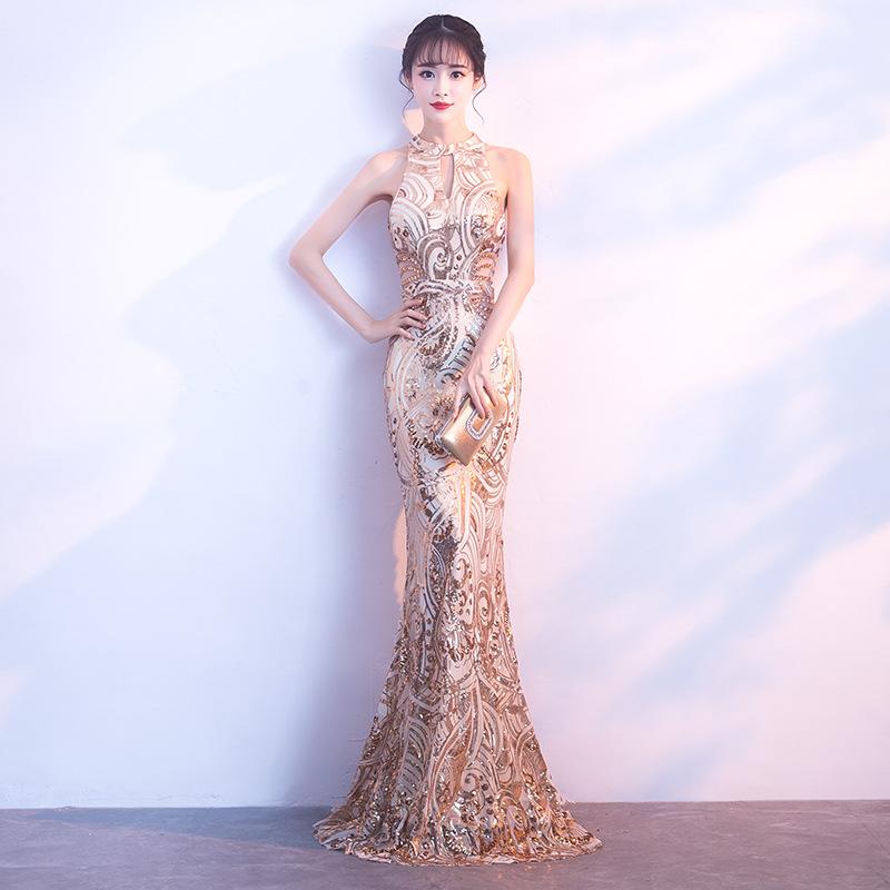 Изображение товара: Женское вечернее платье-русалка, длинное облегающее платье с золотыми блестками и лямкой на шее