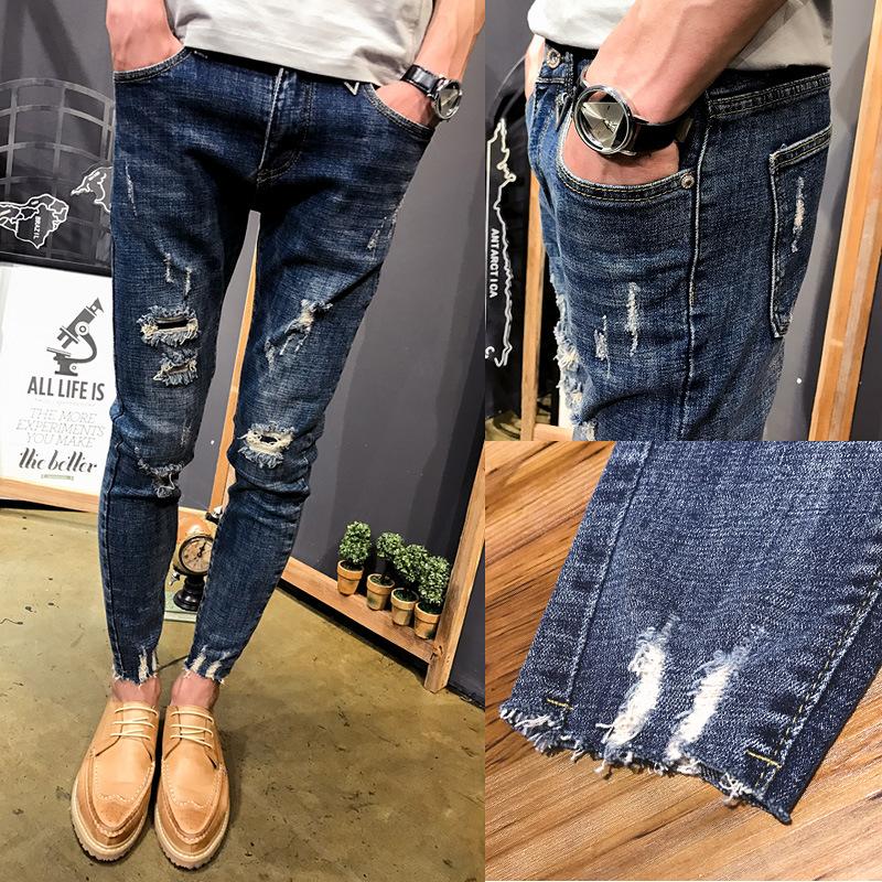 Изображение товара: Оптовая продажа 2022 джинсовые брюки для подростков нищие мужские облегающие небольшие потертые джинсы мужские Стрейчевые брюки-карандаш для парней