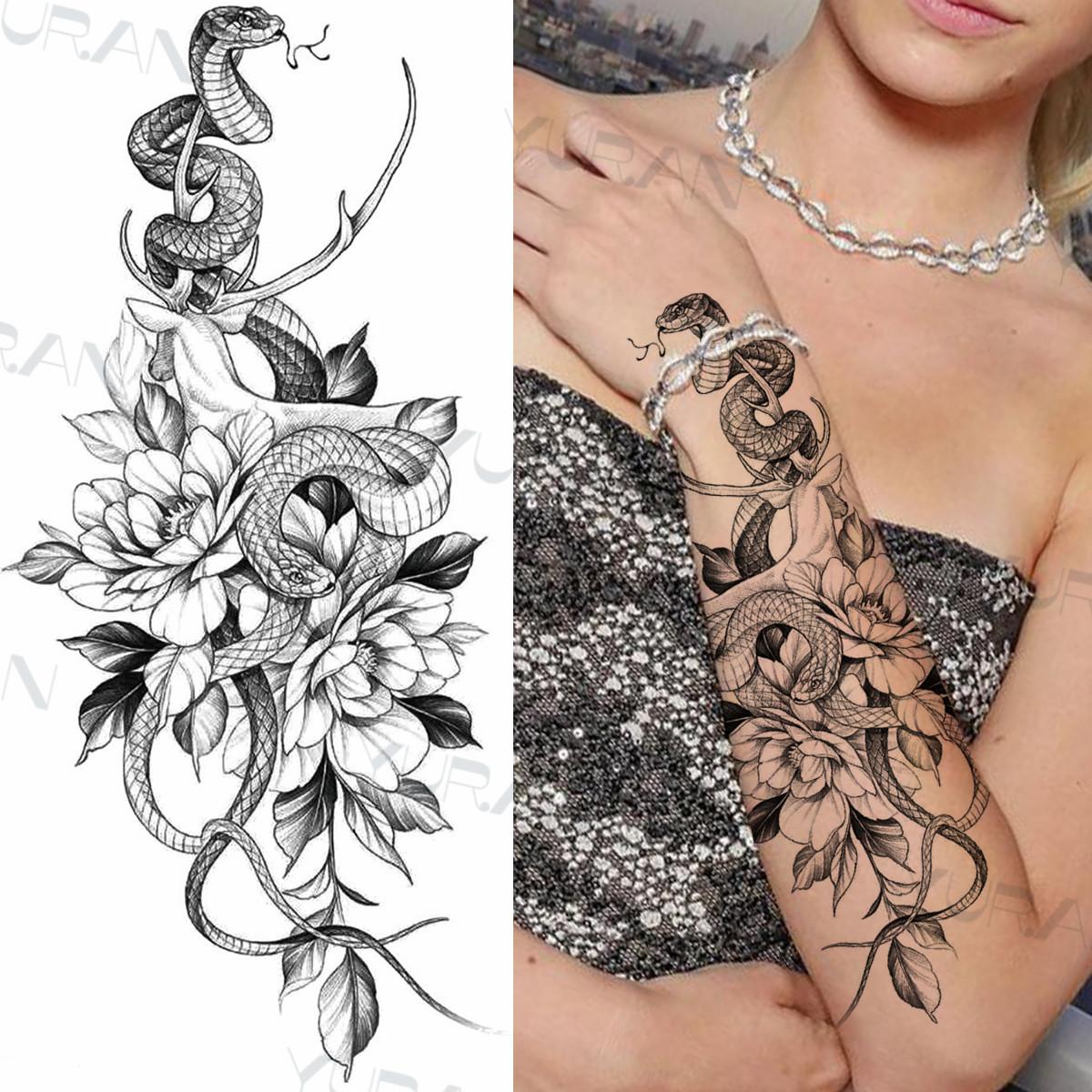 Изображение товара: Черная большая змея цветок поддельные татуировки наклейки для женщин точка Роза пион временные татуировки DIY Переводные татуировки для девочек