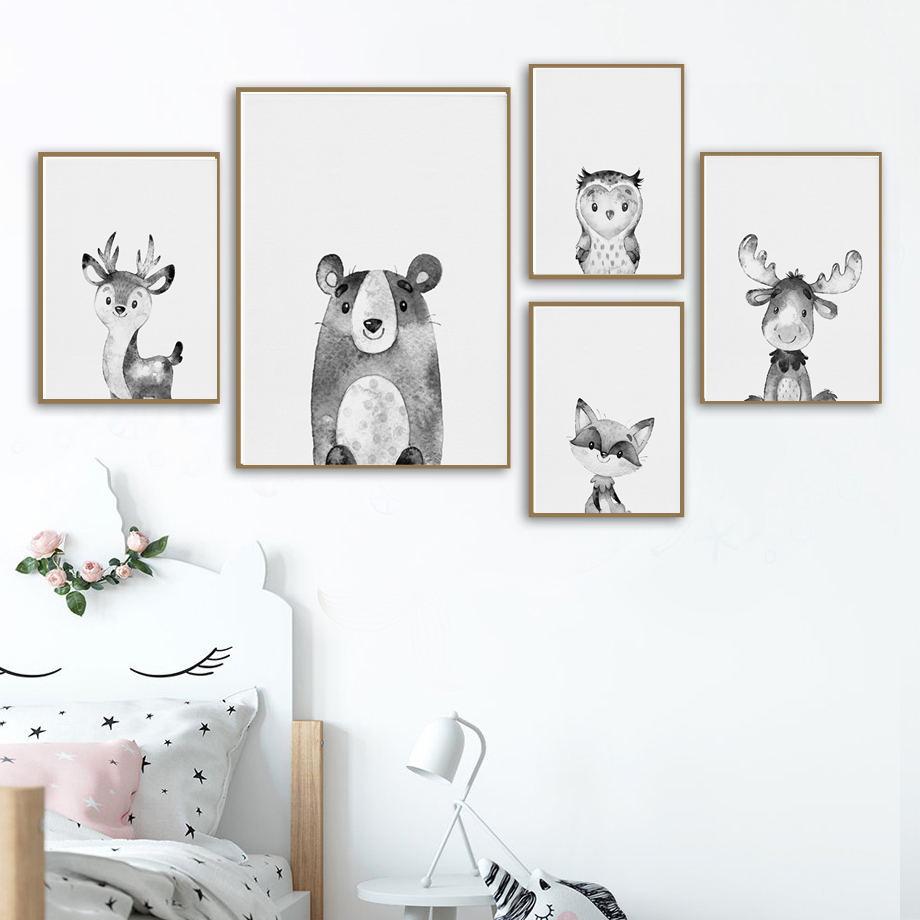 Изображение товара: Черно-белый постер с животными, декор детской комнаты, картины, милый кролик, панда, холст, живопись, настенные картины для украшения детской комнаты