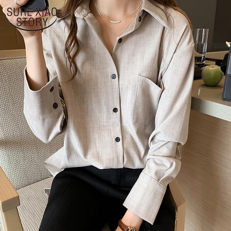 Изображение товара: Женская Повседневная Блузка-кардиган размера плюс, модель 2020 года, корейские свободные однотонные женские рубашки, осенняя Женская одежда с длинным рукавом, блузы 11741