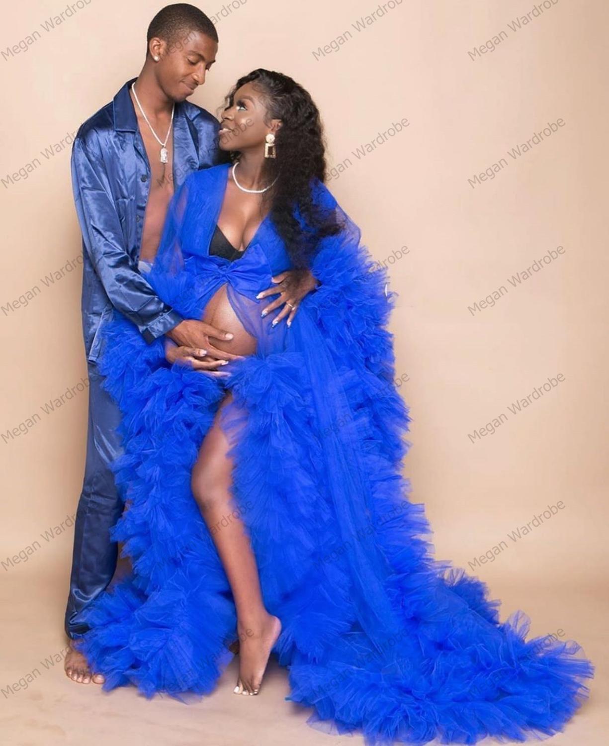Изображение товара: Королевский синий тюль платья для беременных с длинным рукавом Женские Большие размеры тюлевые платья прозрачный тюль халат для беременных