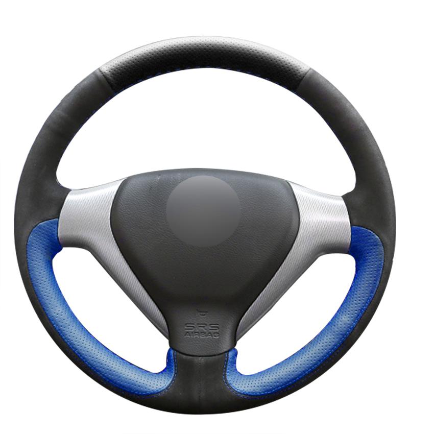 Изображение товара: Прошитый вручную черный замшевый синий кожаный Противоскользящий чехол рулевого колеса автомобиля для Honda City 2007-2008 Fit 2007-2008 Jazz 2007-2008