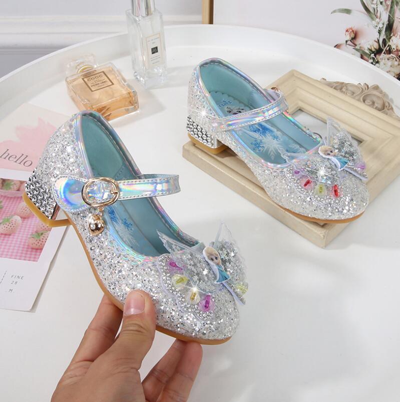 Изображение товара: Туфли Disney для девочек, свадебная обувь, блестящие, на высоком каблуке, детские сандалии принцессы Эльзы, детская модная обувь для танцев и вечеринок с бантом