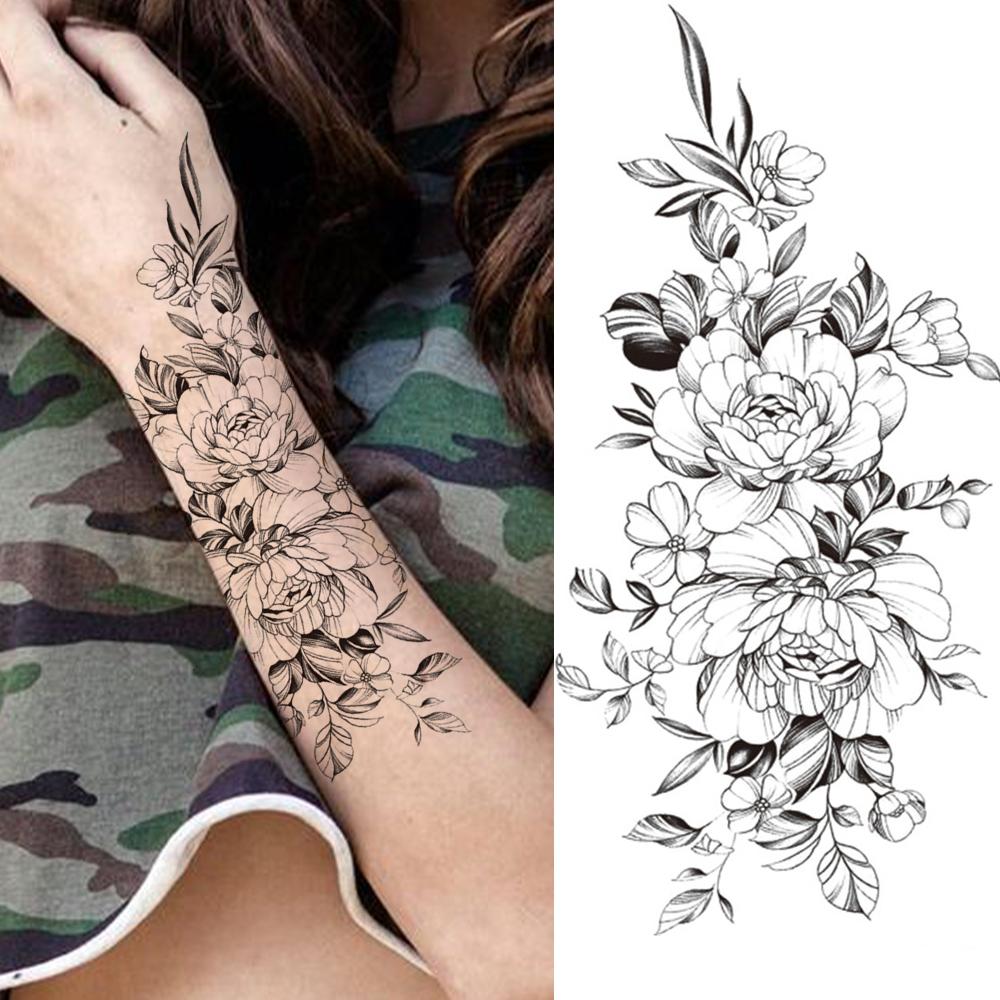 Изображение товара: Временные тату-наклейки с большими цветами для женщин, черные Георгин Роза, пион, реалистичные искусственные татуировки, Переводные татуировки водой