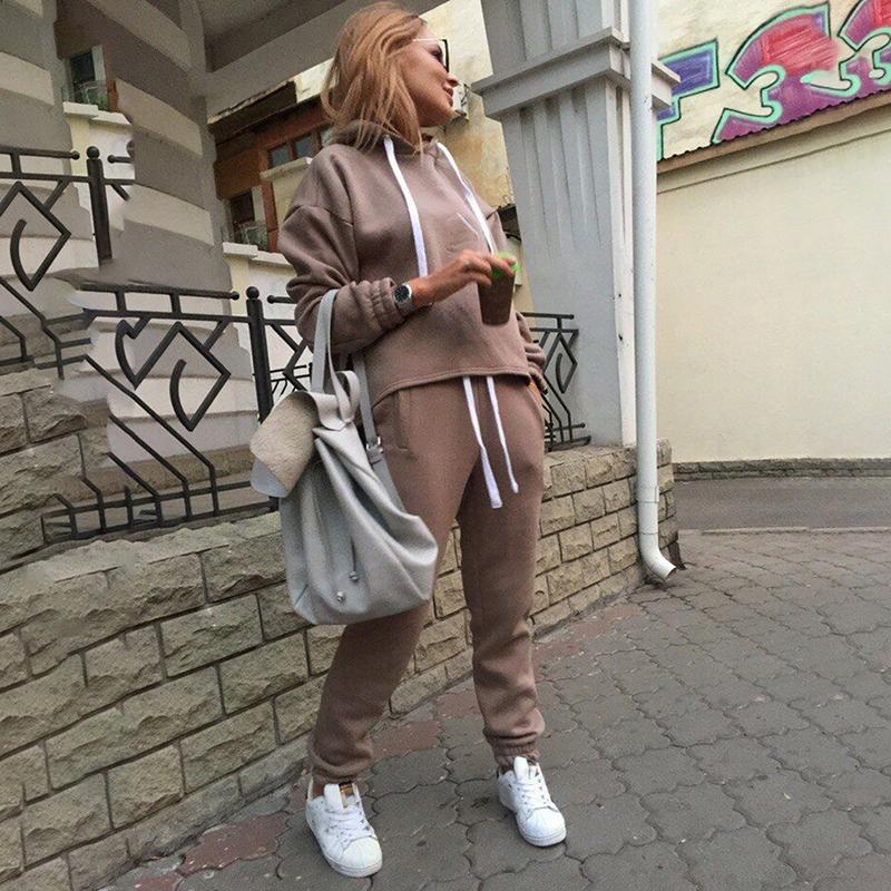 Изображение товара: 2 piece sets New fashion Casual suits autumn hooded pullover fleece & loose pants two-piece set women solid hoodies + trousers