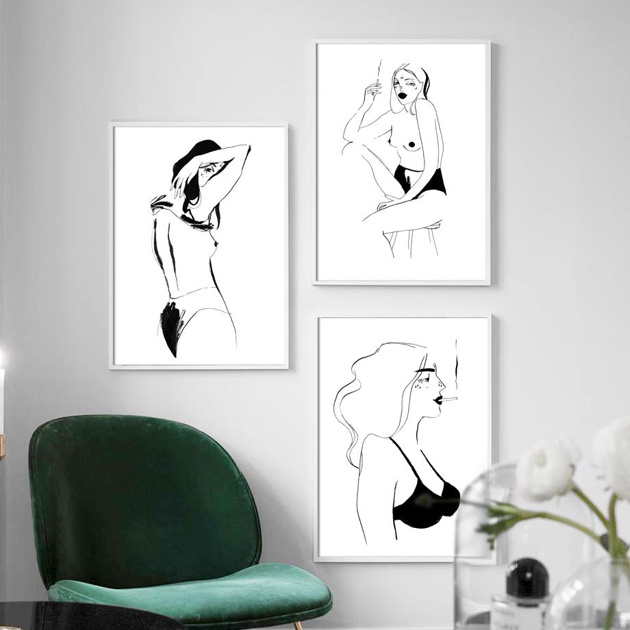 Изображение товара: Черная белая линия, Обнаженная сексуальная курительная женщина, Настенная картина на холсте, скандинавские постеры и принты, настенные картины для декора гостиной