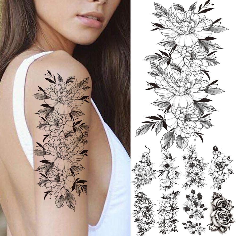 Изображение товара: Реалистичные пионы цветок поддельные временные татуировки для женщин девочек Взрослых Черная Наклейка тату лист змея одноразовые тату боди-арт