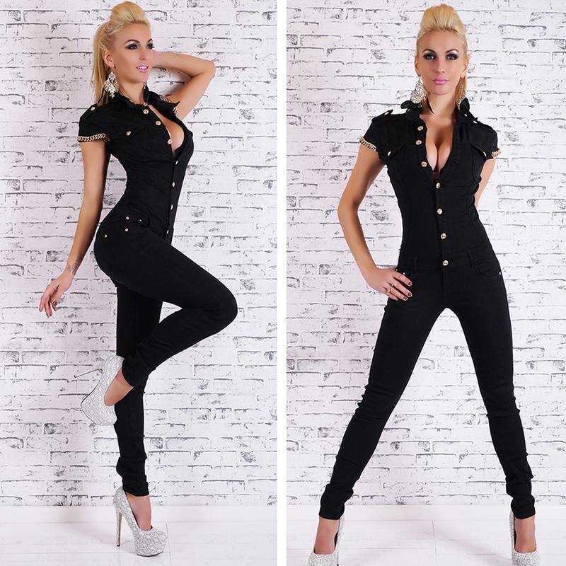 Изображение товара: Осенний Модный женский джинсовый длинный комбинезон, сексуальный глубокий v-образный вырез, джинсовые комбинезоны на пуговицах с цепочкой, черные комбинезоны для женщин, Комбинезоны