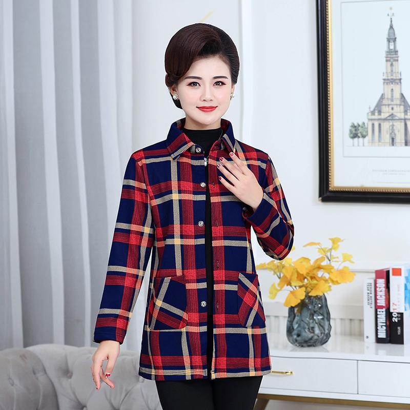 Изображение товара: Middle-aged and Elderly Women's Shirt Spring Autumn Plus Velvet Thicken Single-breasted Plaid Jacket Female Blouse Tops 2020 W21