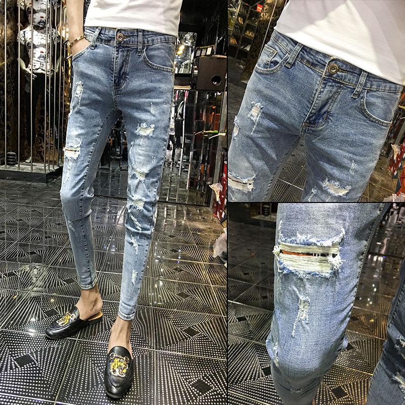 Изображение товара: Модные 2021 весенне-Осенние эластичные рваные колготки облегающие джинсы с дырками серые простые джинсы до щиколотки брюки ковбойские для мужчин брюки