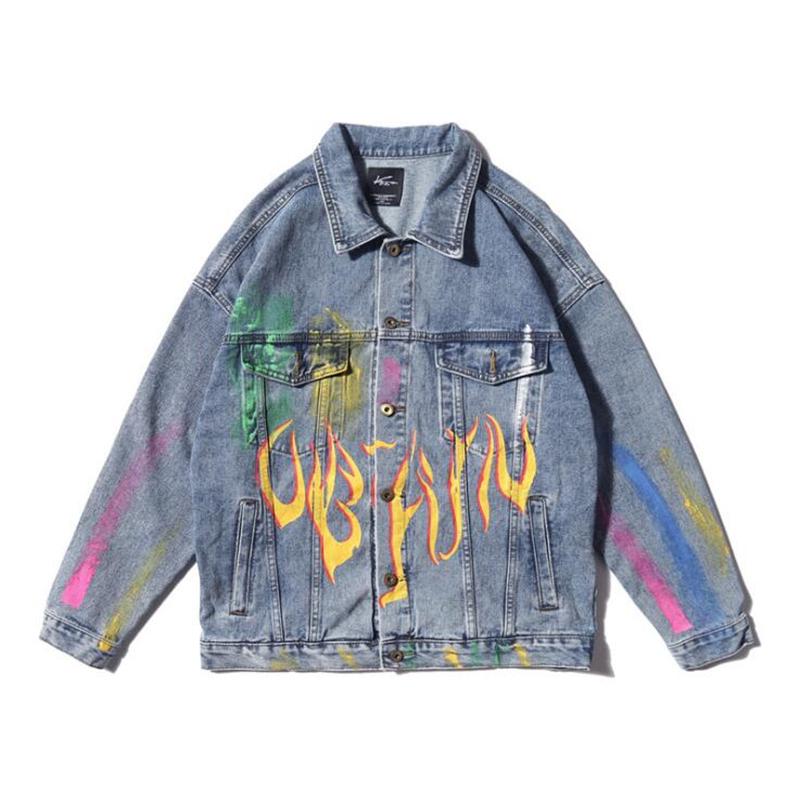 Изображение товара: Джинсовая куртка с принтом радужного граффити, Повседневная Уличная одежда в стиле хип-хоп, куртка-бомбер из денима, модный топ синего и черного цвета