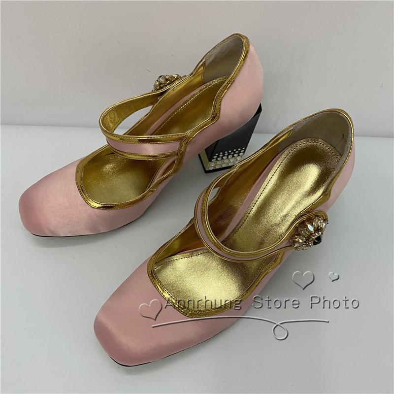 Изображение товара: Туфли-лодочки женские атласные на высоком каблуке, квадратный носок, украшение с кристаллами, пряжка, квадратный каблук, розовые, размер 40