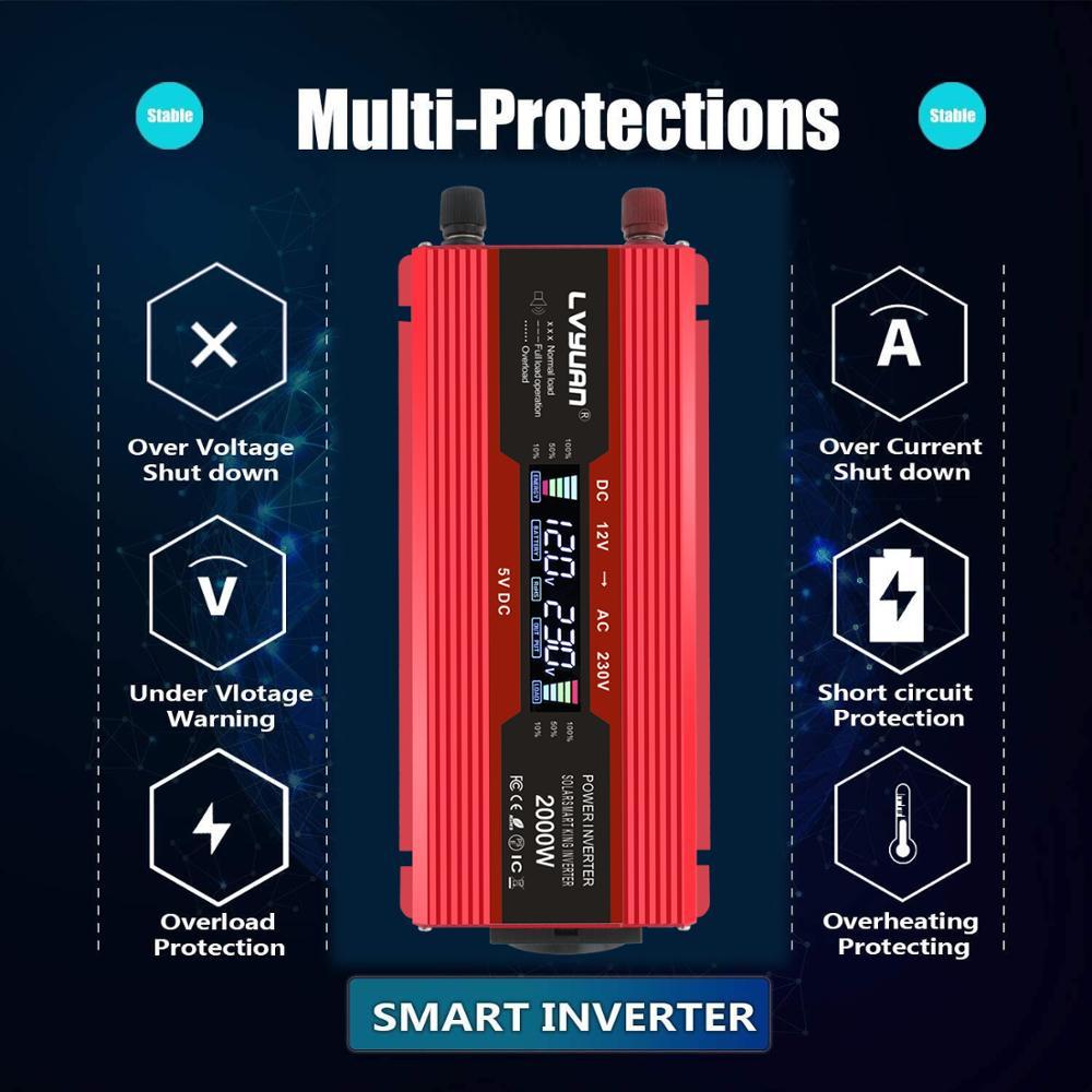 Изображение товара: Автомобильный инвертор, инвертор полной мощности, 12 в пост. Тока в 220 В переменного тока, 2000 Вт, модифицированный ЖК-монитор Синусоидальная волна дисплеем, с европейской вилкой, 12 В 220 В