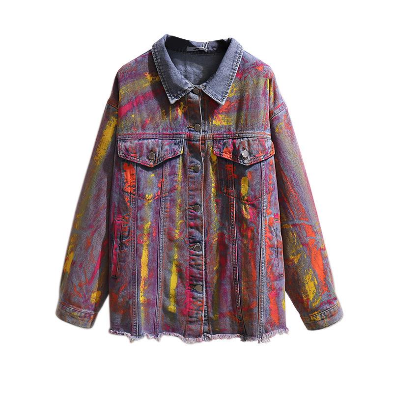Изображение товара: Модная Джинсовая куртка с граффити, Женская однобортная Свободная джинсовая куртка с длинным рукавом