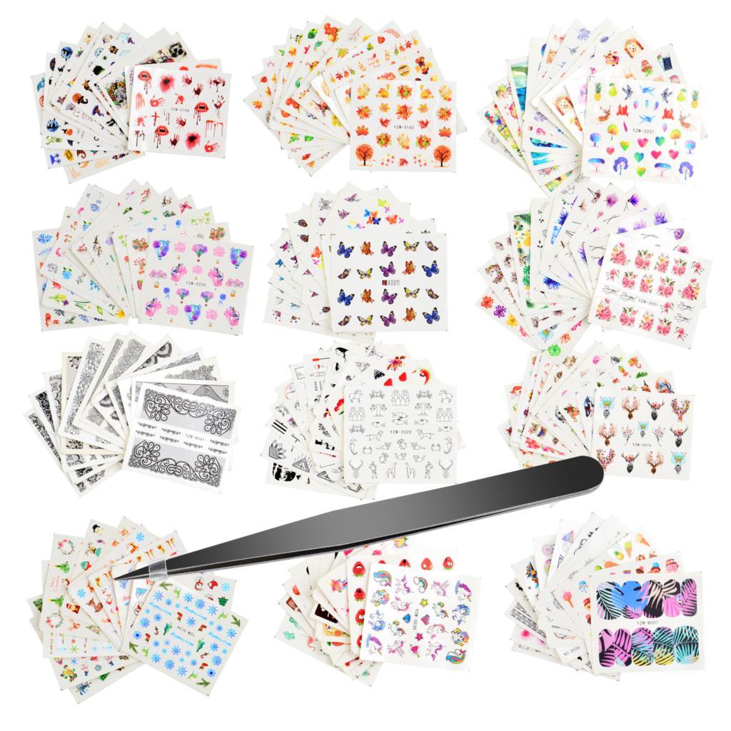 Изображение товара: 1 пинцет + 12 наклейка на ногти водная цветов Переводные картинки с бабочками наклеек для дизайна ногтей татуировки DIY Полный слайдер украшения для маникюра