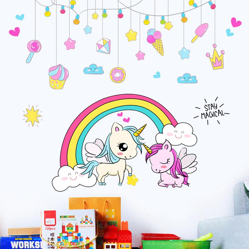 Изображение товара: Мультяшный Радужный Единорог наклейки на стену для маленьких девочек Номера для спальни, гостиной, Наклейки для декора комнаты 3d наклейки 